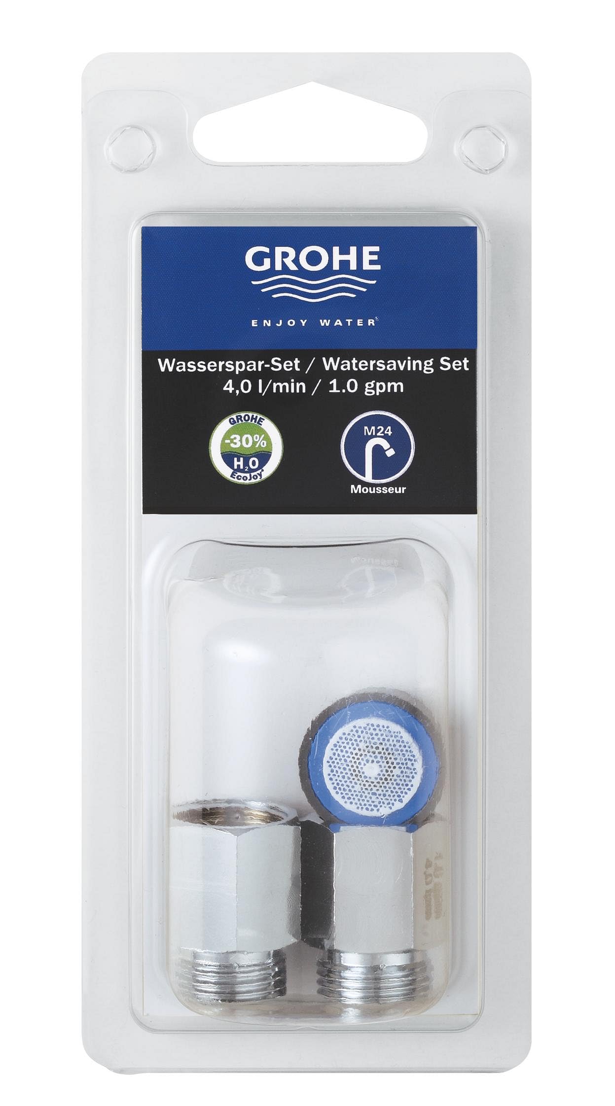 Grohe water-saving aerator kit with blue mesh screen and chrome fittings for M24 mousseur connection.