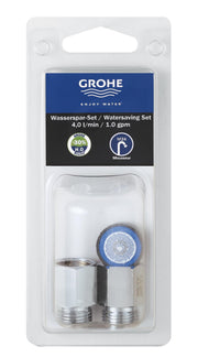 Grohe water-saving aerator kit with blue mesh screen and chrome fittings for M24 mousseur connection.