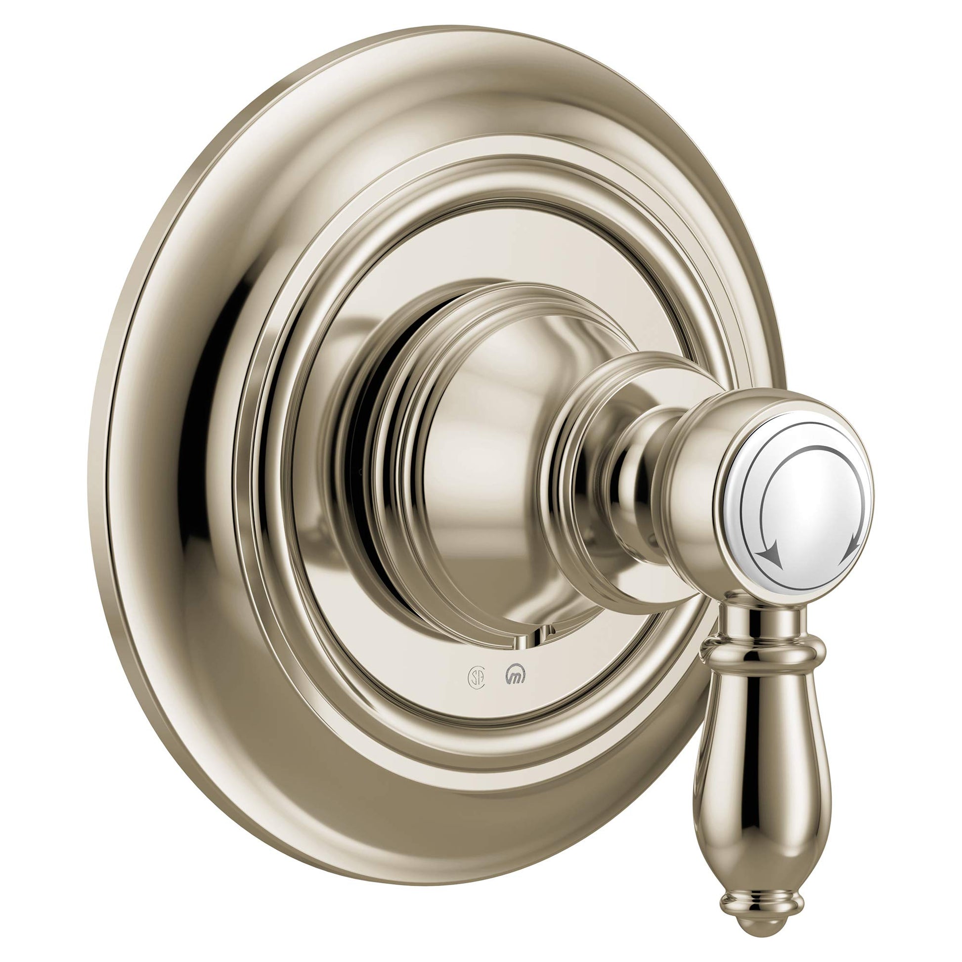 Polished nickel shower valve trim with single lever handle and circular escutcheon plate.