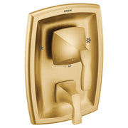 Brushed gold shower trim kit with single lever handle and three-function diverter valve for Moen Voss collection.