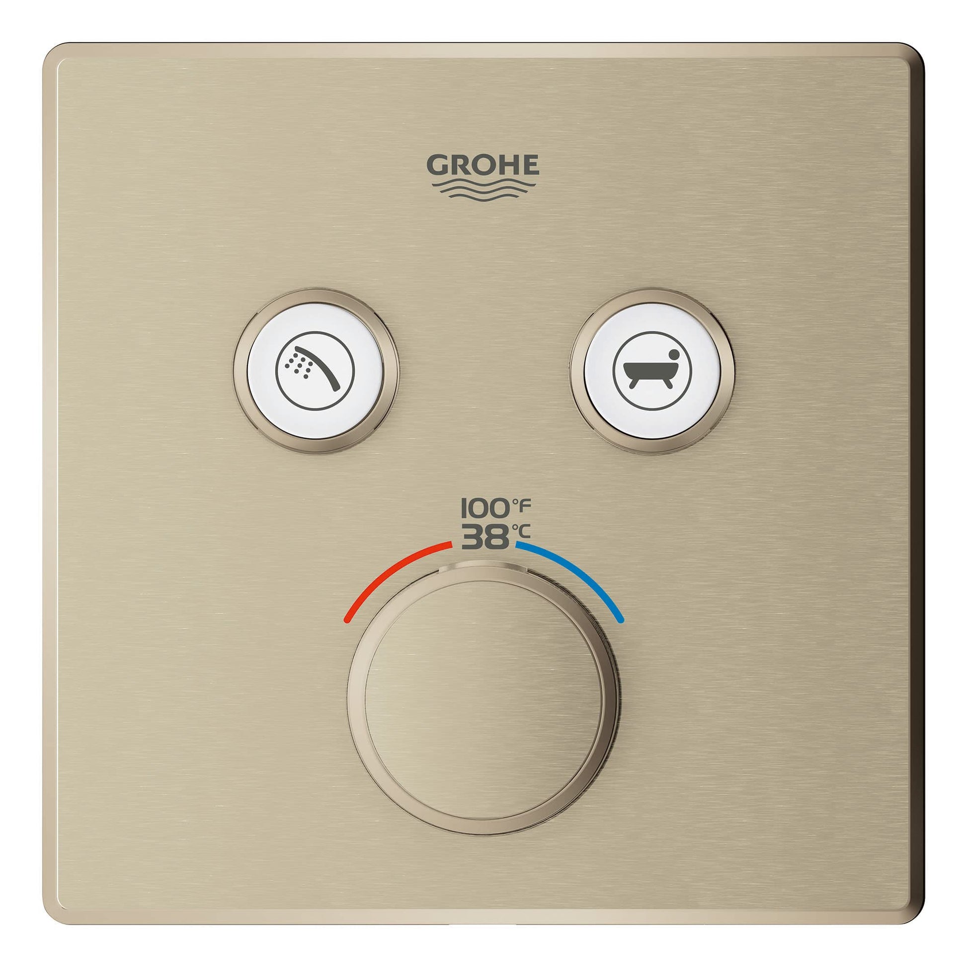 Brushed nickel thermostatic valve trim with two function buttons for shower and bath, temperature dial showing 38°C/100°F ran