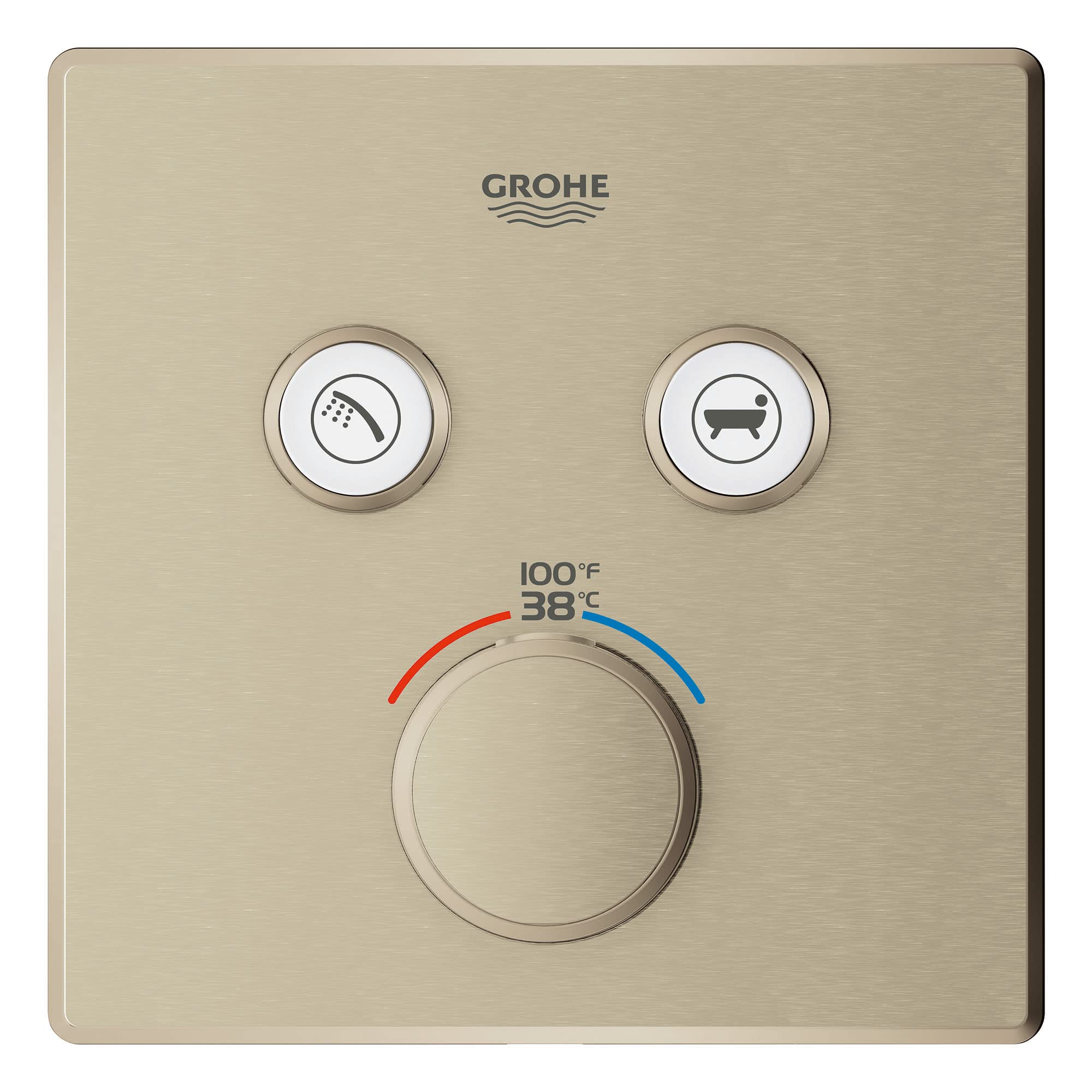 Brushed nickel thermostatic valve trim with two function buttons for shower and bath, temperature dial showing 38°C/100°F ran