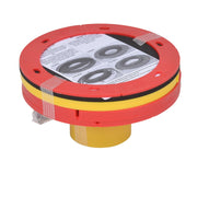 Red and yellow toilet flange extender kit with instruction sheet and four rubber gasket rings visible in center.