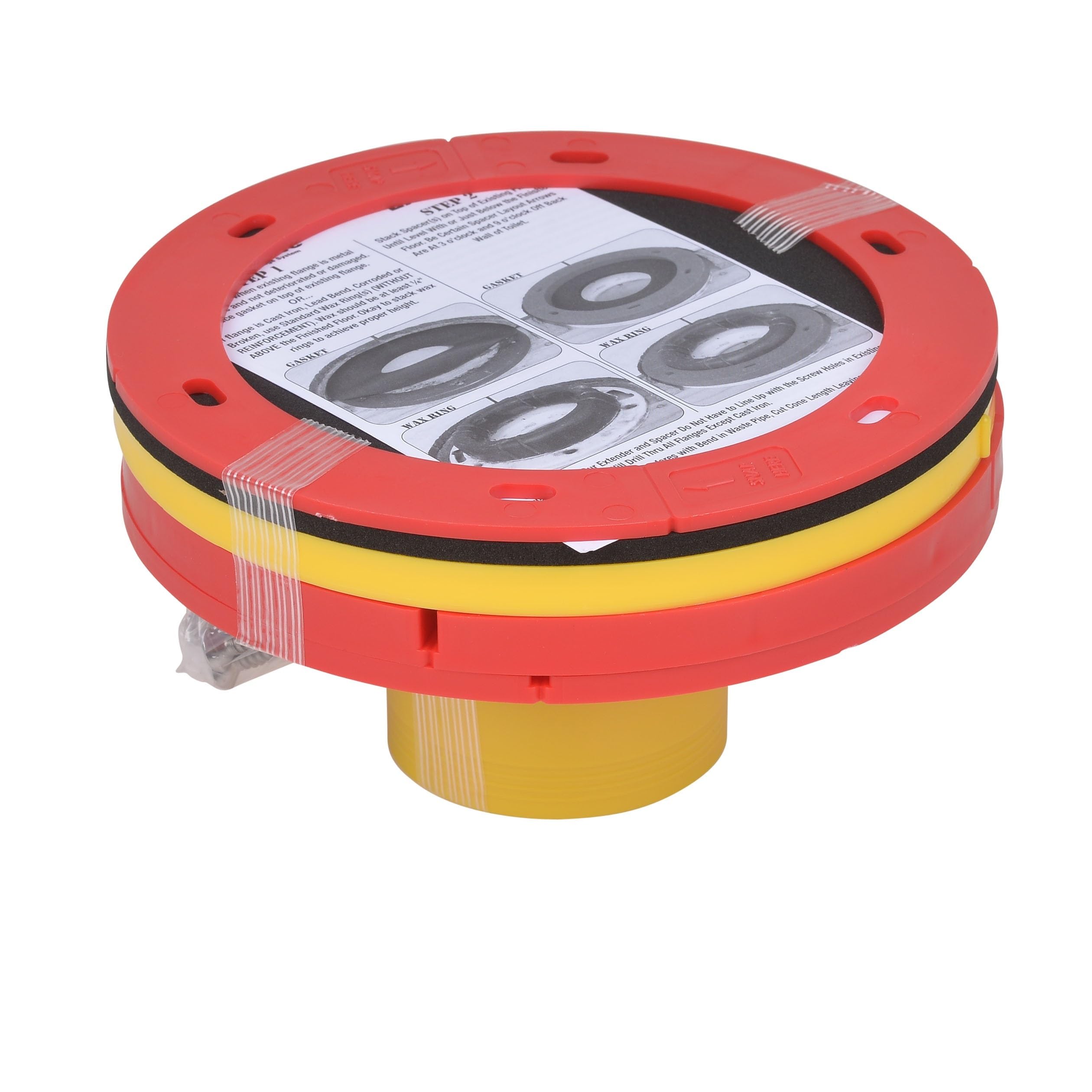 Two-pack of red and yellow toilet flange extender rings with instruction sheet and rubber gasket seal visible.