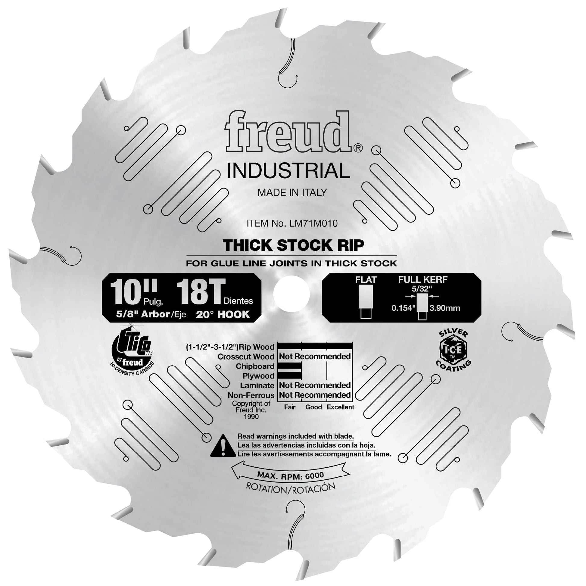 10-inch circular saw blade with 18 teeth, 5/8-inch arbor, marked for thick stock rip cuts in glue line joints.