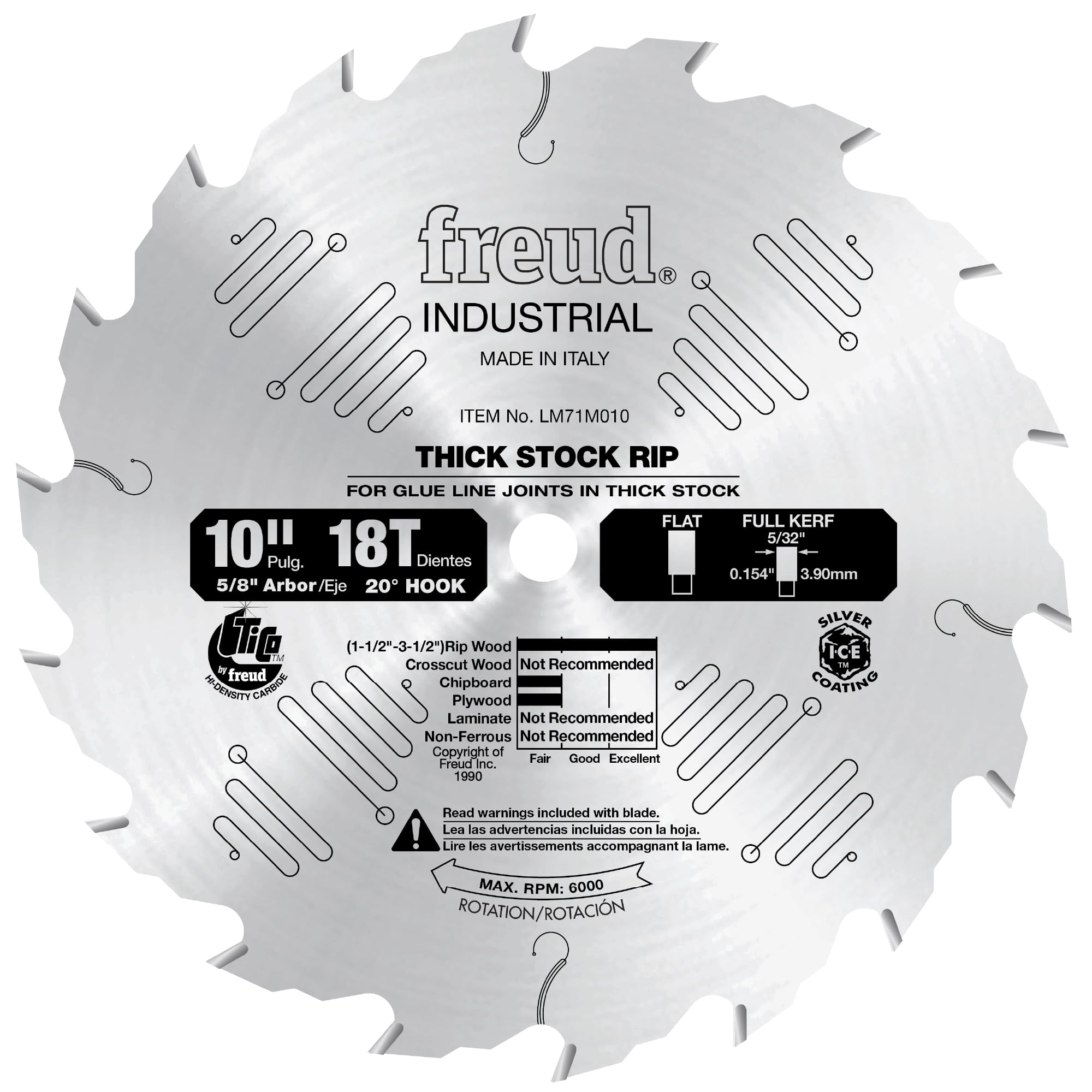 10-inch circular saw blade with 18 teeth, 5/8-inch arbor, marked for thick stock rip cuts in glue line joints.