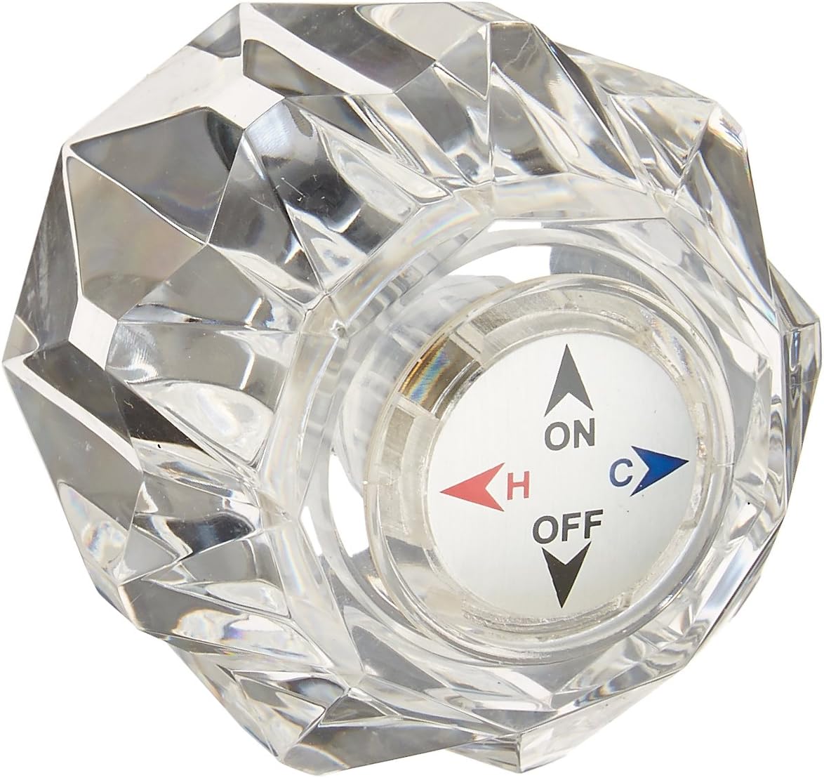 Clear acrylic knob handle with faceted design and directional markings for hot, cold, and off positions.