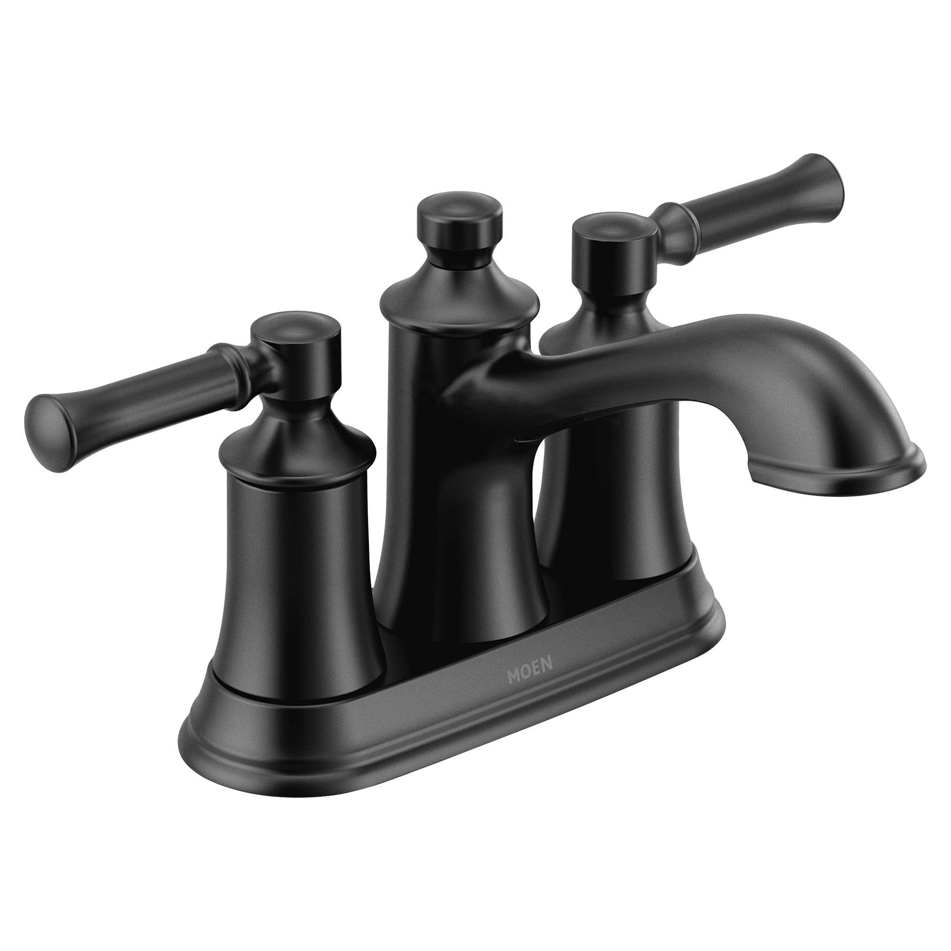 Matte black two-handle bathroom sink faucet with curved spout and lever handles on wide base.