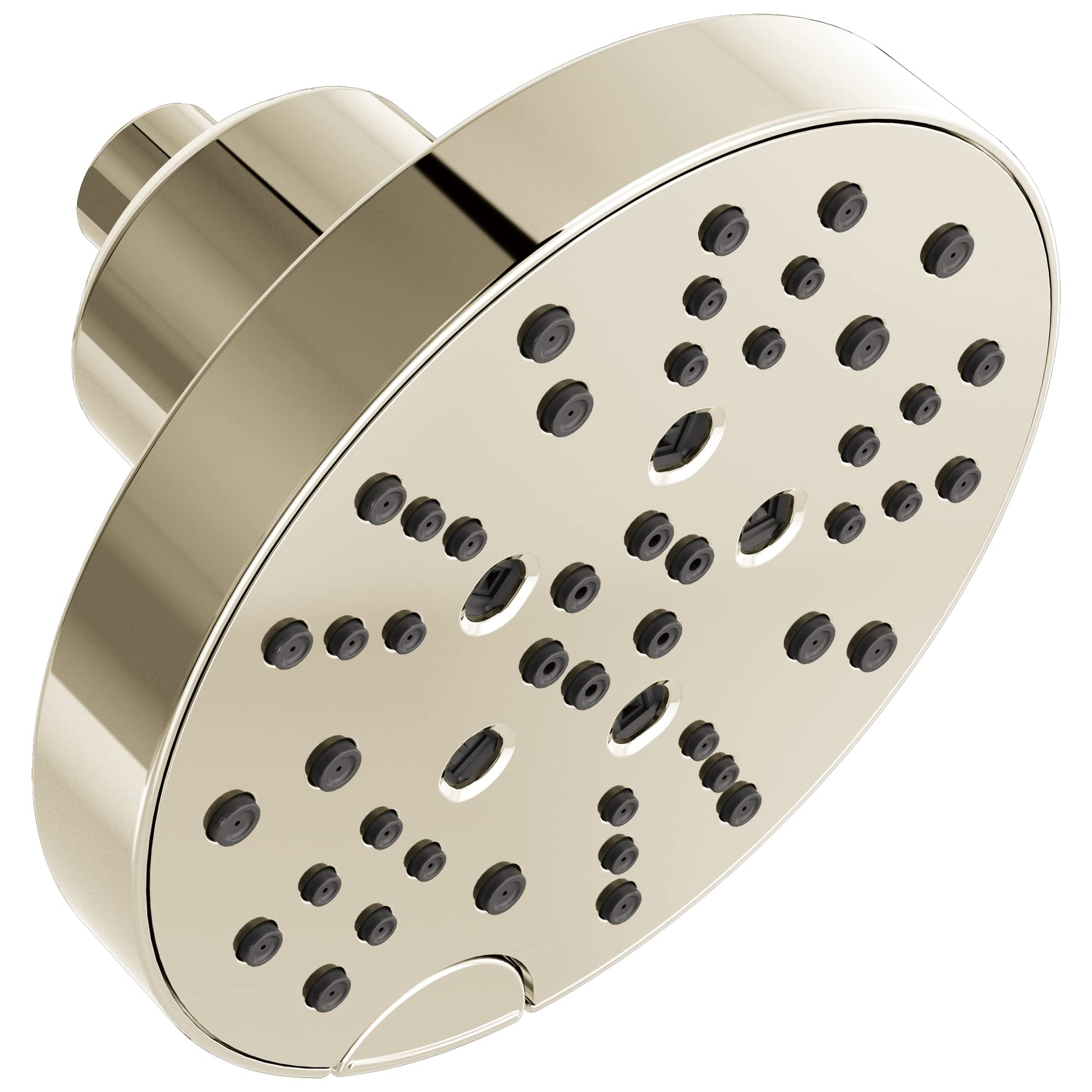 Brushed nickel raincan shower head with multiple spray jets and cylindrical arm connector.