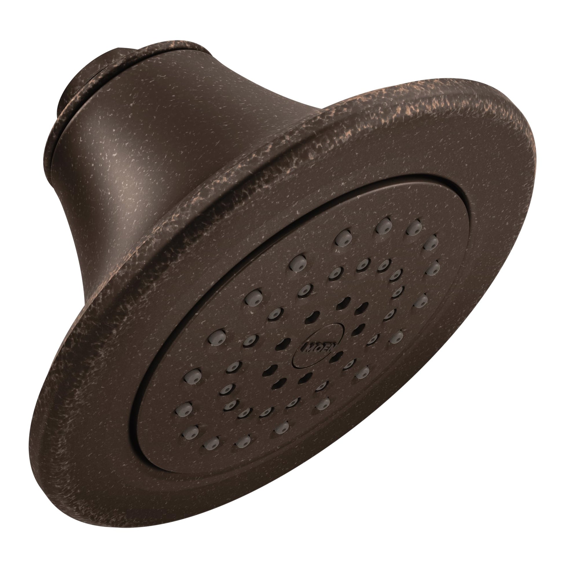 Oil rubbed bronze showerhead with curved body and perforated spray face with multiple outlet holes.