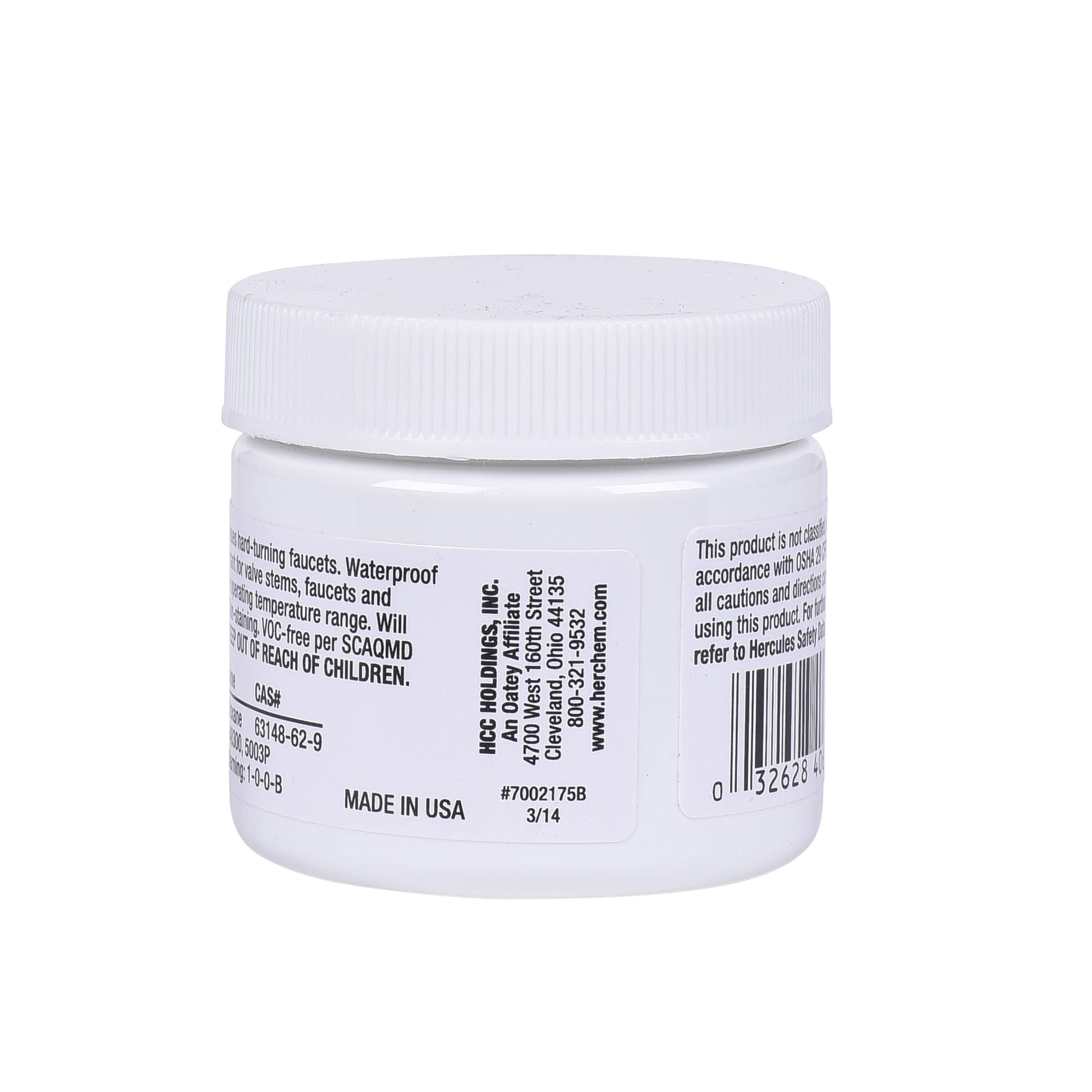 White plastic jar with screw cap containing silicone grease, labeled with product information and barcode.