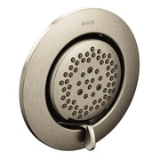 Round brushed nickel shower head with multiple spray holes and single control lever.