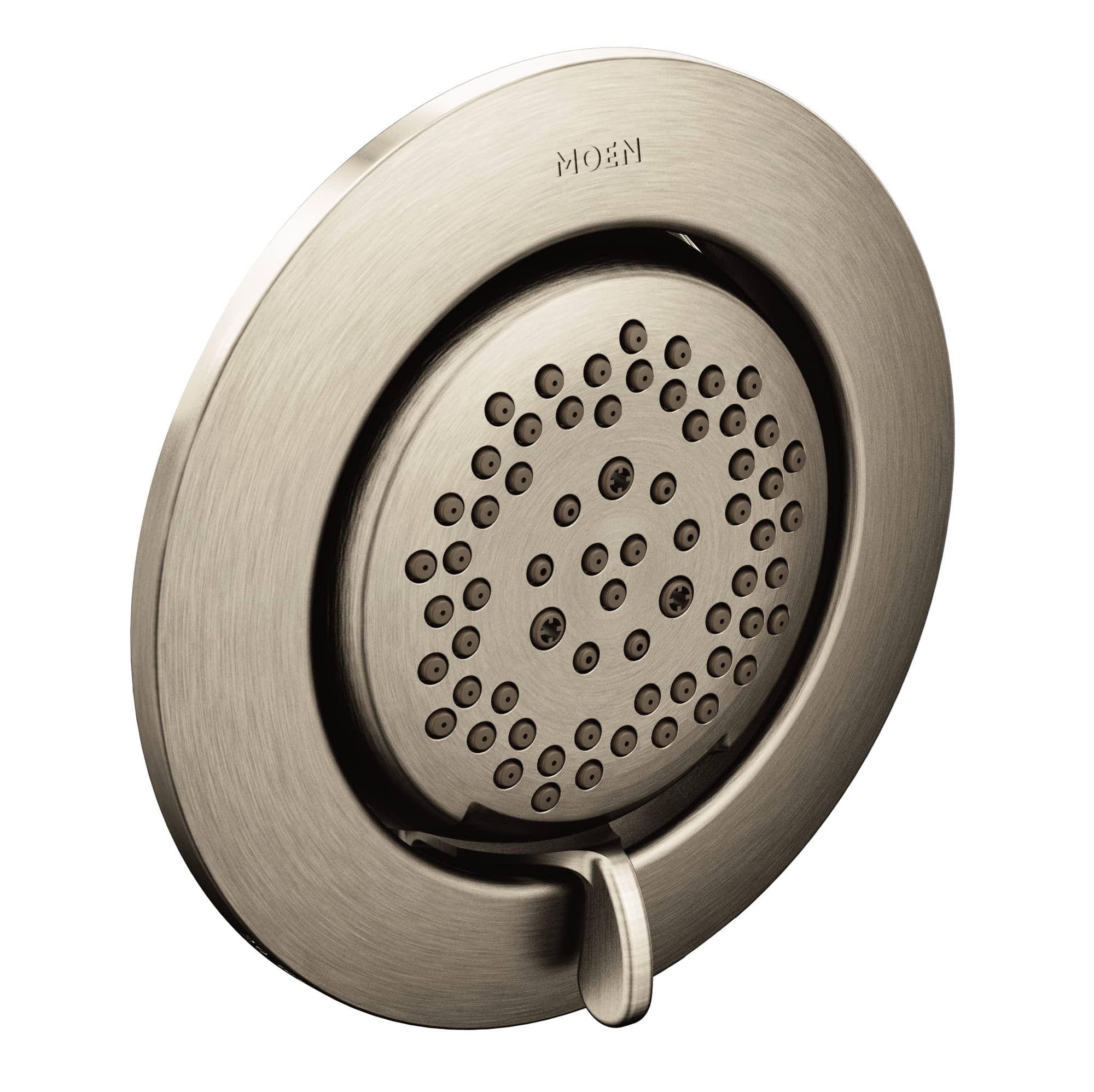 Round brushed nickel shower head with multiple spray holes and single control lever.