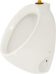 White ceramic commercial washout urinal with brass top spud connection and sensor port.
