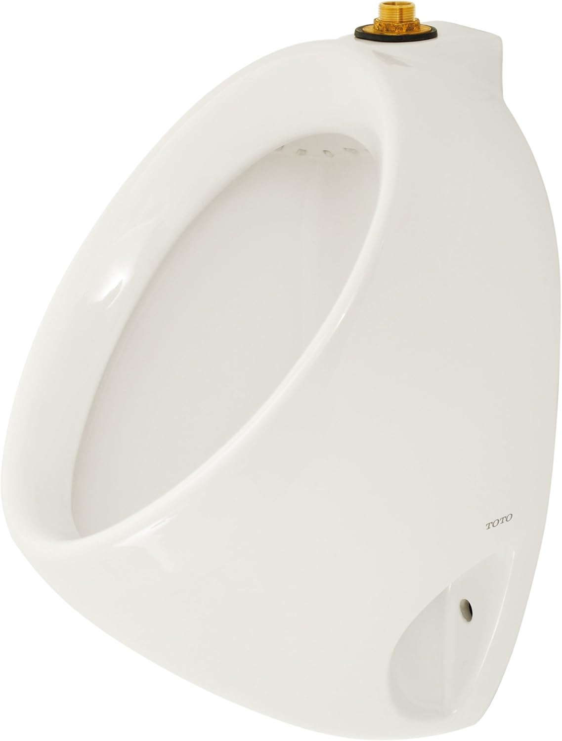 White ceramic commercial washout urinal with brass top spud connection and sensor port.