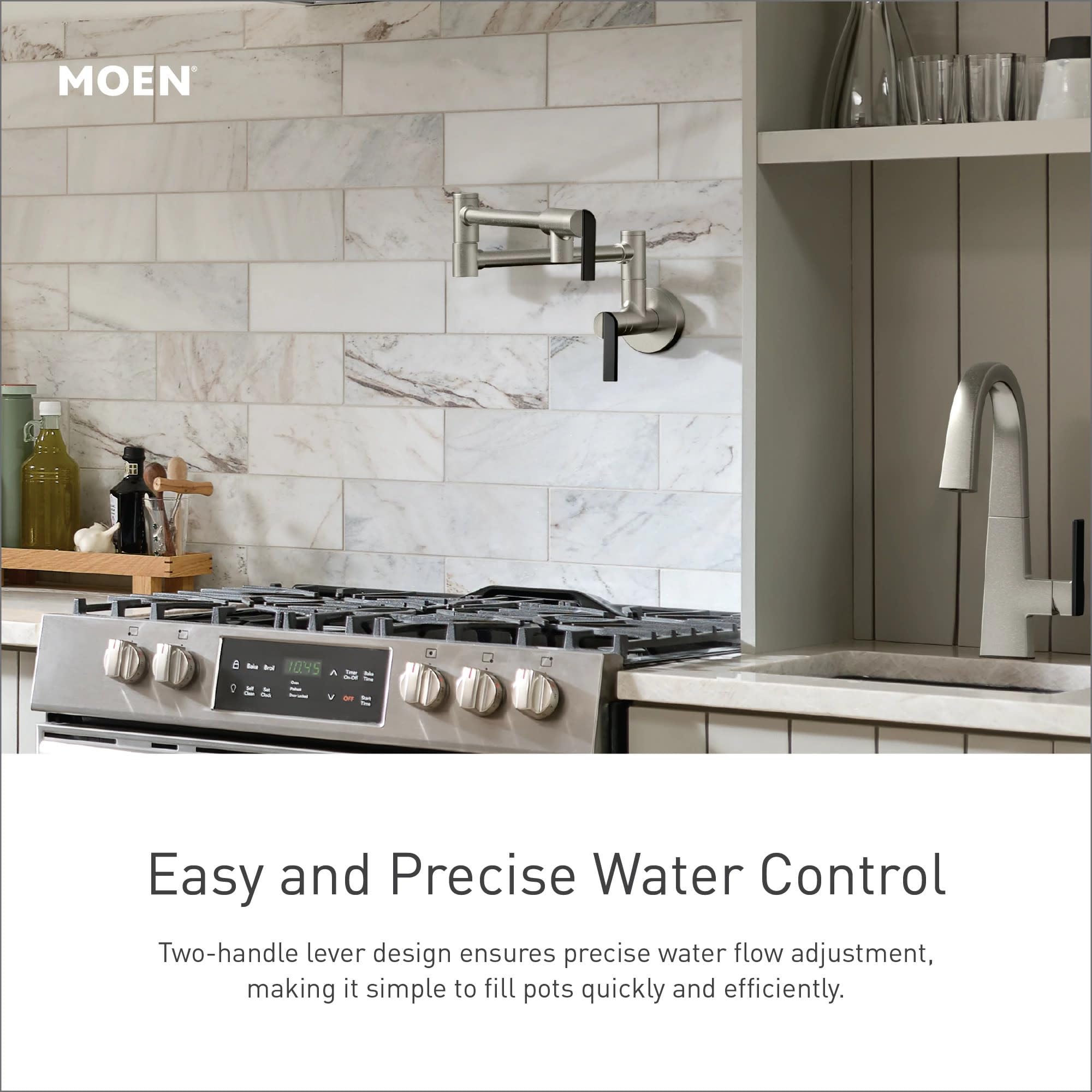 Oil rubbed bronze wall-mounted pot filler faucet with swing arm and folding spout above kitchen stovetop.