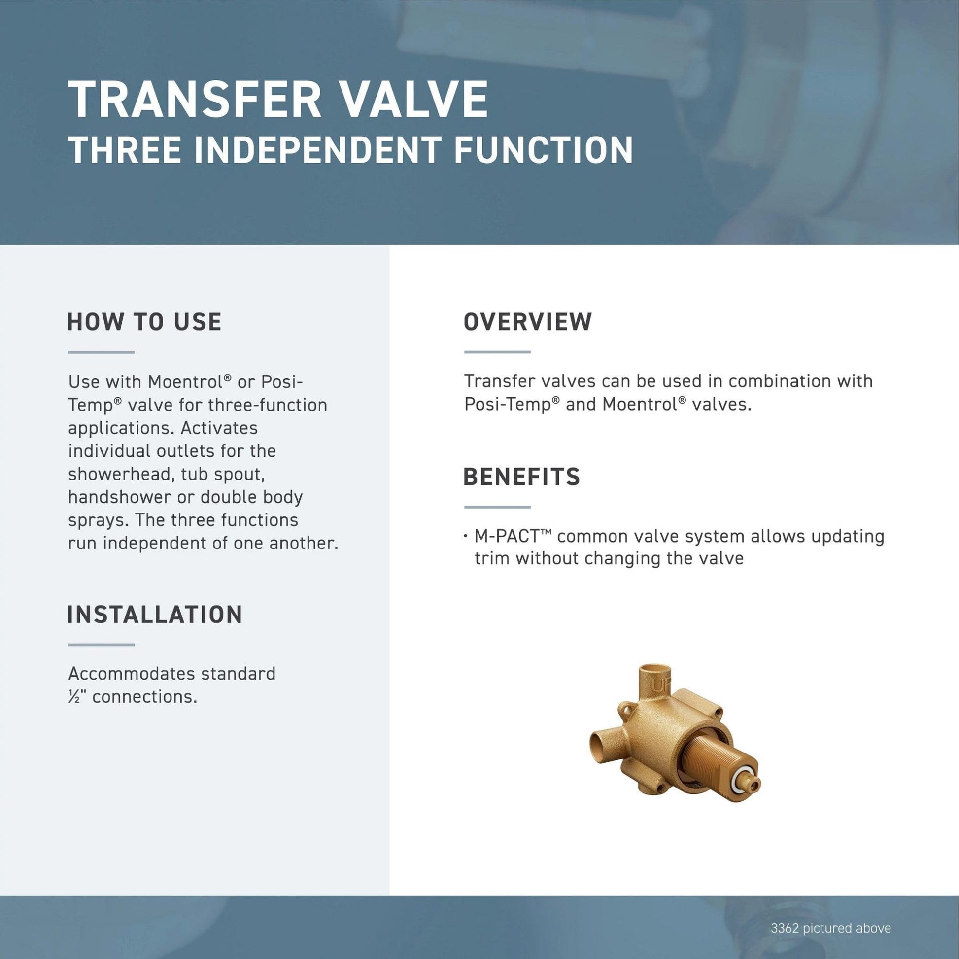 Brass transfer valve with three independent function outlets for shower applications.