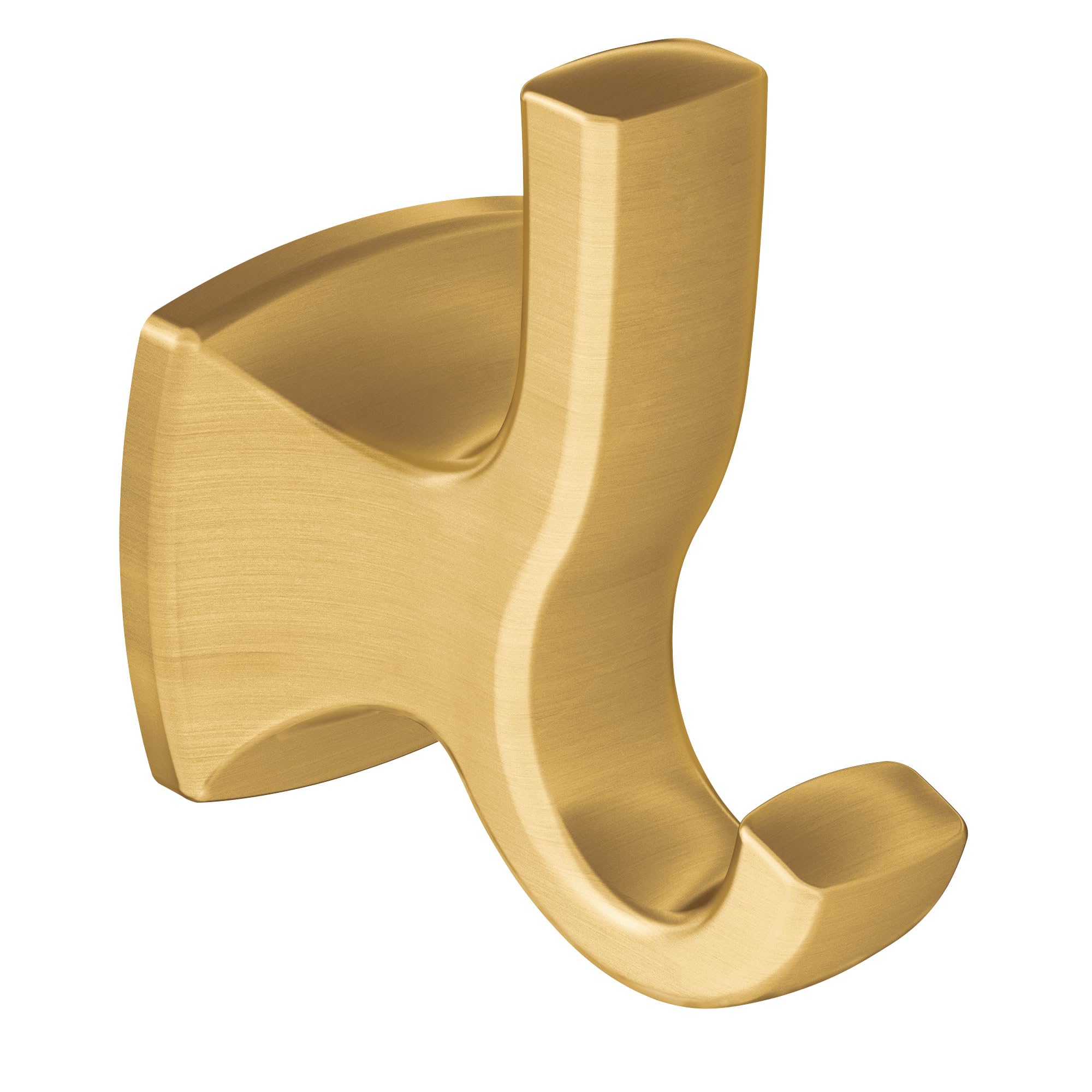 Brushed gold double robe hook with two curved hooks extending from a rectangular wall-mounted base.