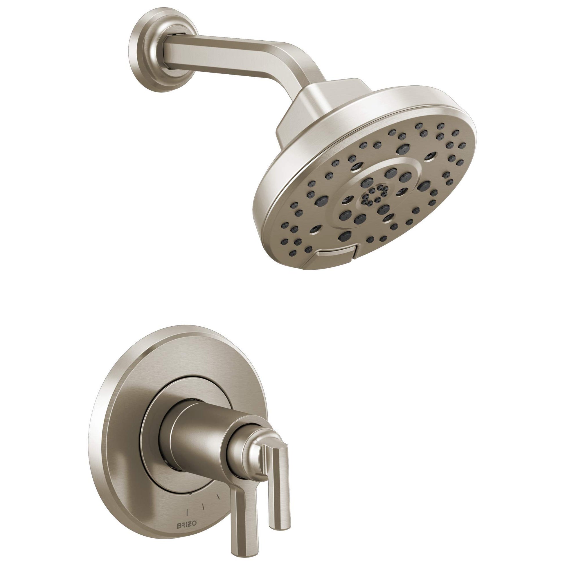 Brushed nickel shower trim with round showerhead and single-lever thermostatic valve control.