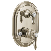 Polished nickel shower trim with oval escutcheon plate, two handle controls, and integrated transfer valve.