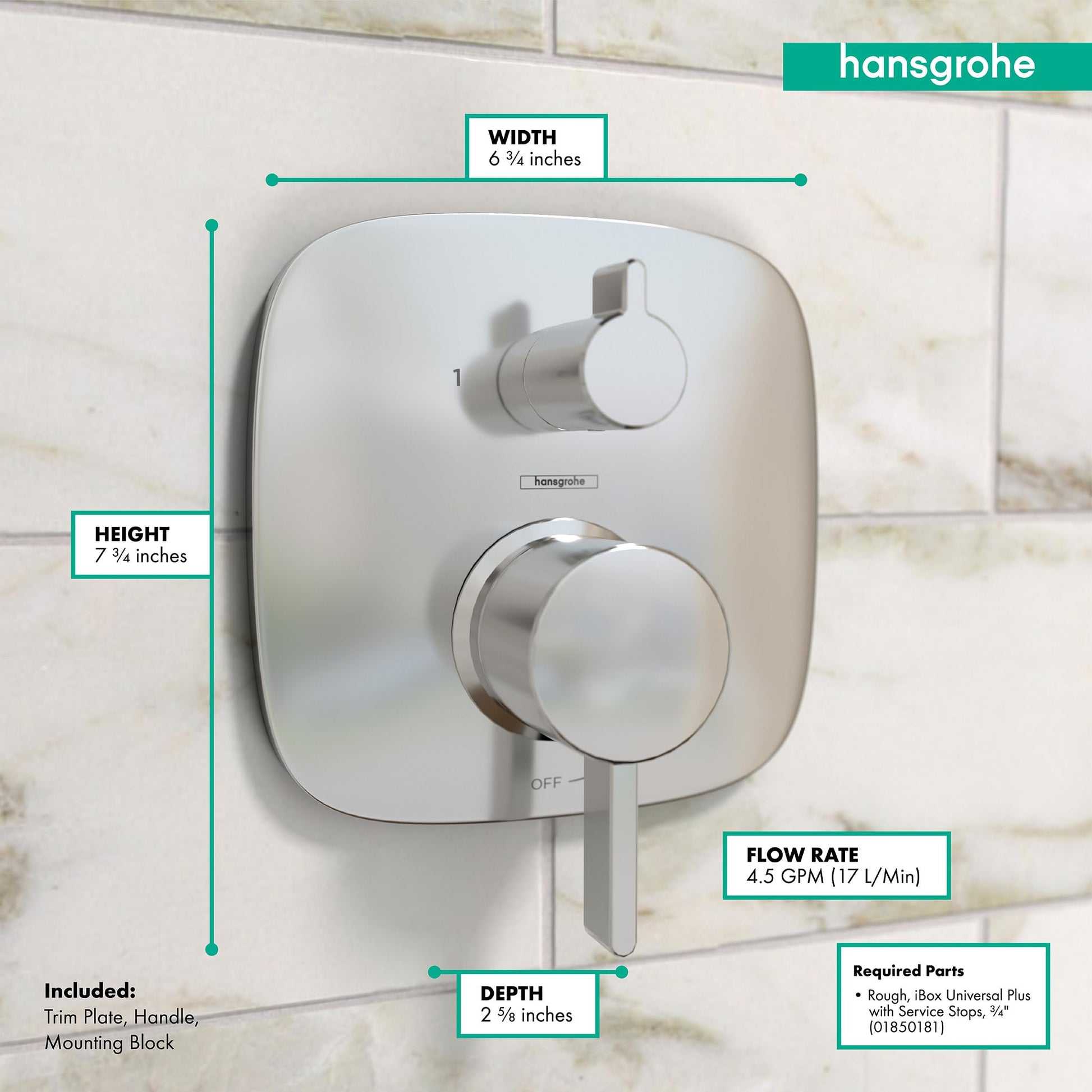 Chrome pressure balance shower trim with square escutcheon, circular handle, and diverter lever on white tile background.