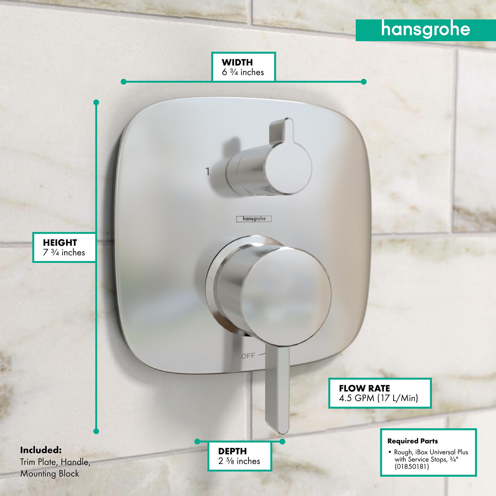 Chrome pressure balance shower trim with square escutcheon, circular handle, and diverter lever on white tile background.