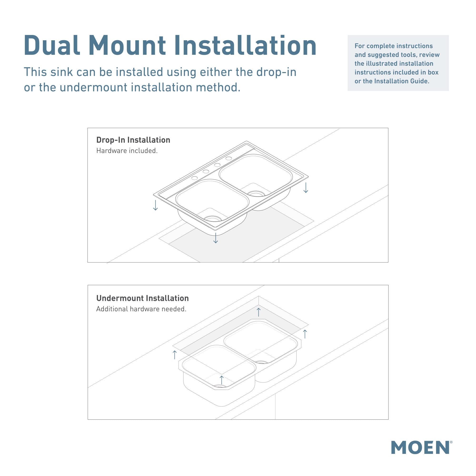 Moen Prep 18 Gauge Stainless Steel Dual Mount 33"x 22" Single Bowl Modern Kitchen Sink with Bottom Grid Included in Stainless - GS181062B