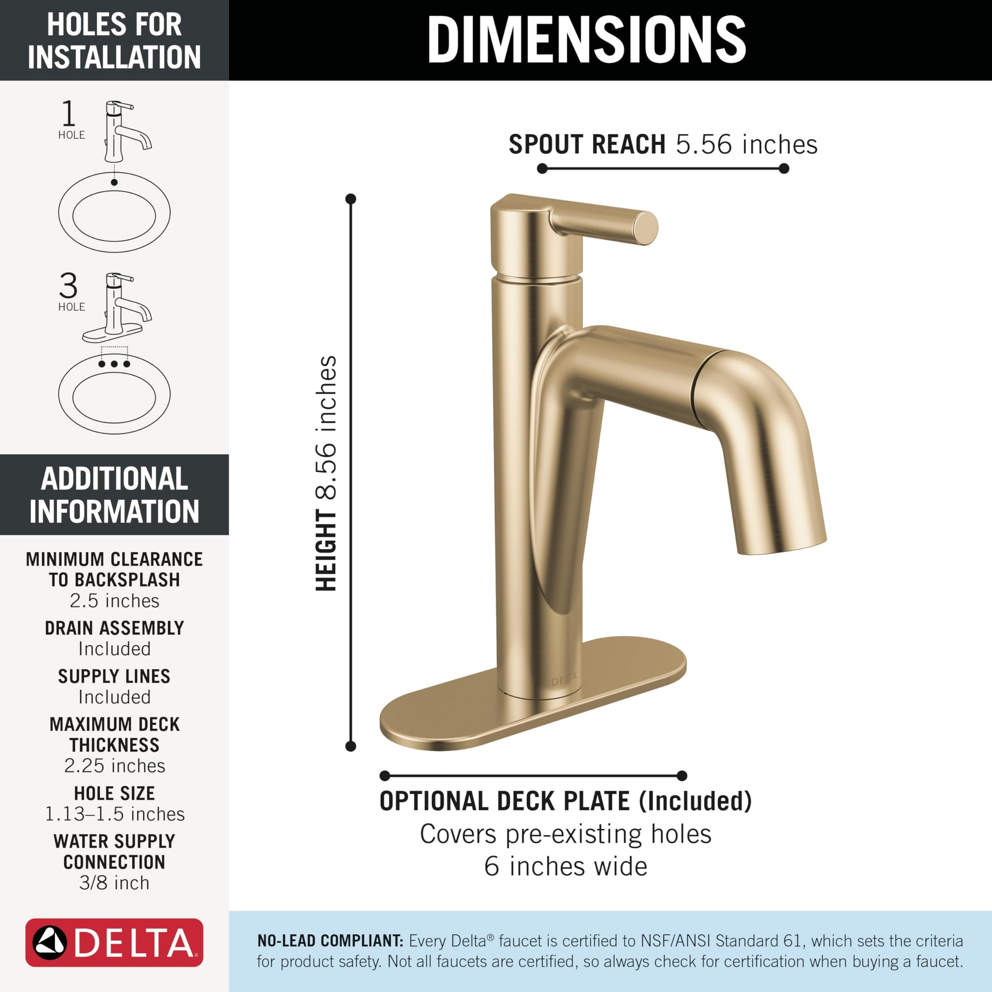Champagne bronze single handle bathroom faucet with curved spout and deck plate, 8.56 inches tall.