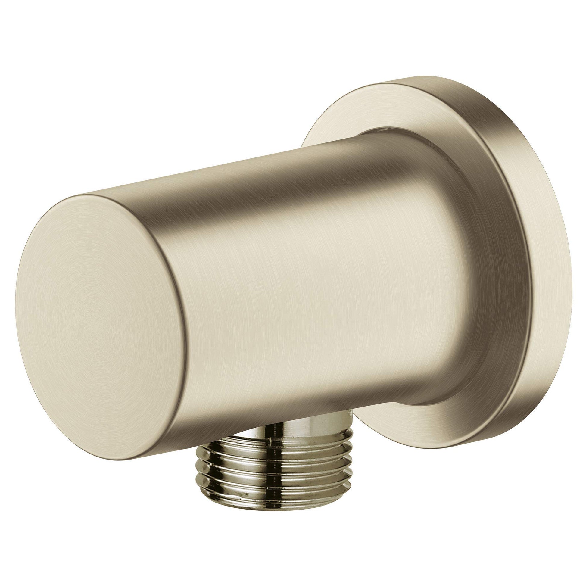 Brushed nickel wall union with cylindrical body and threaded connection port for shower hose attachment.