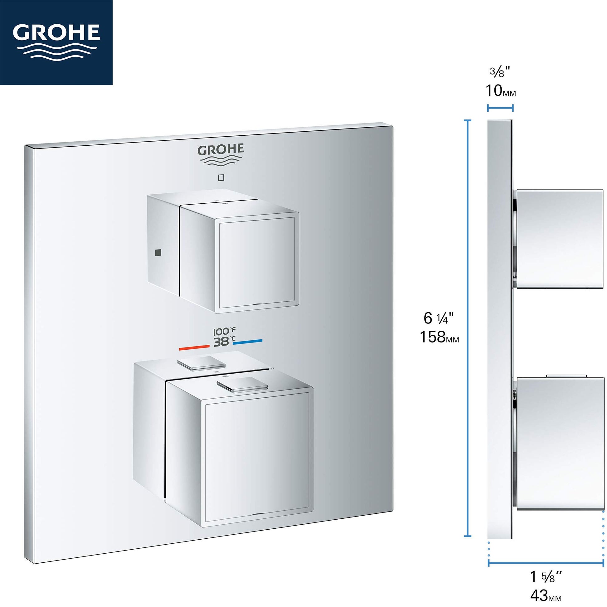 Chrome thermostatic valve trim with two square handles and temperature control display showing 38°C to 100°F range.