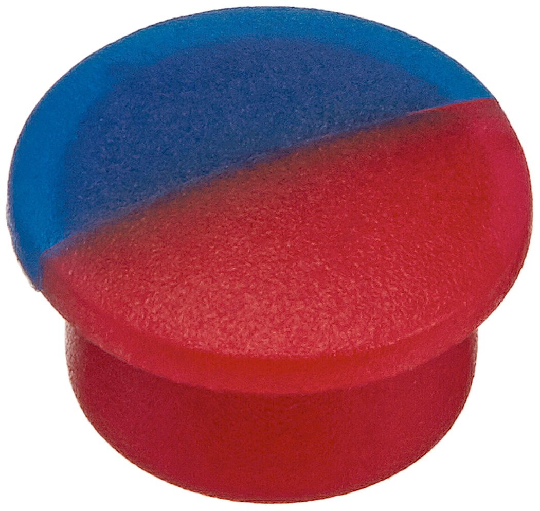 Round button with blue upper half and red lower half divided diagonally.