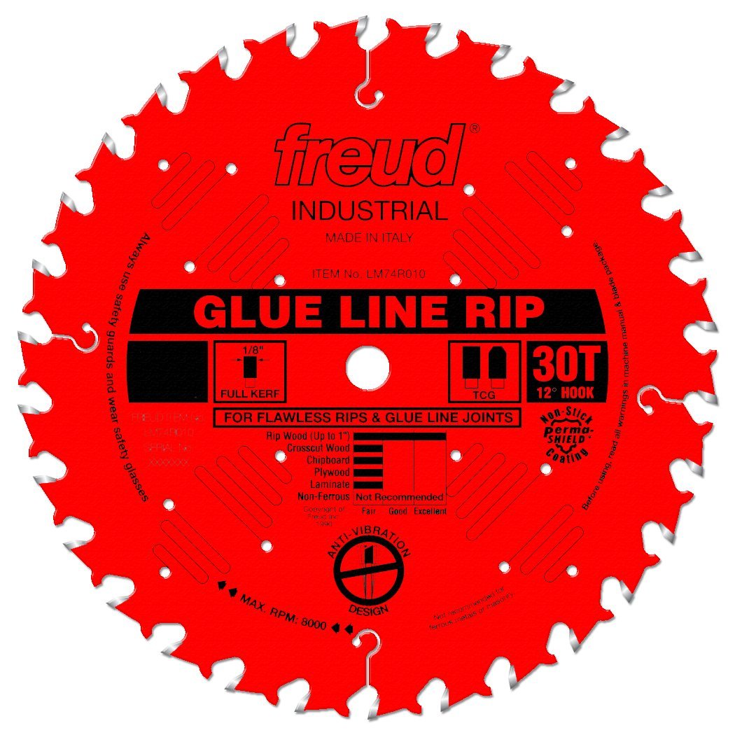 Red circular saw blade with 30 teeth, silver-tipped teeth around edge, center arbor hole, and black label reading "Glue Line 