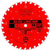 Red circular saw blade with 30 teeth, silver-tipped teeth around edge, center arbor hole, and black label reading "Glue Line 