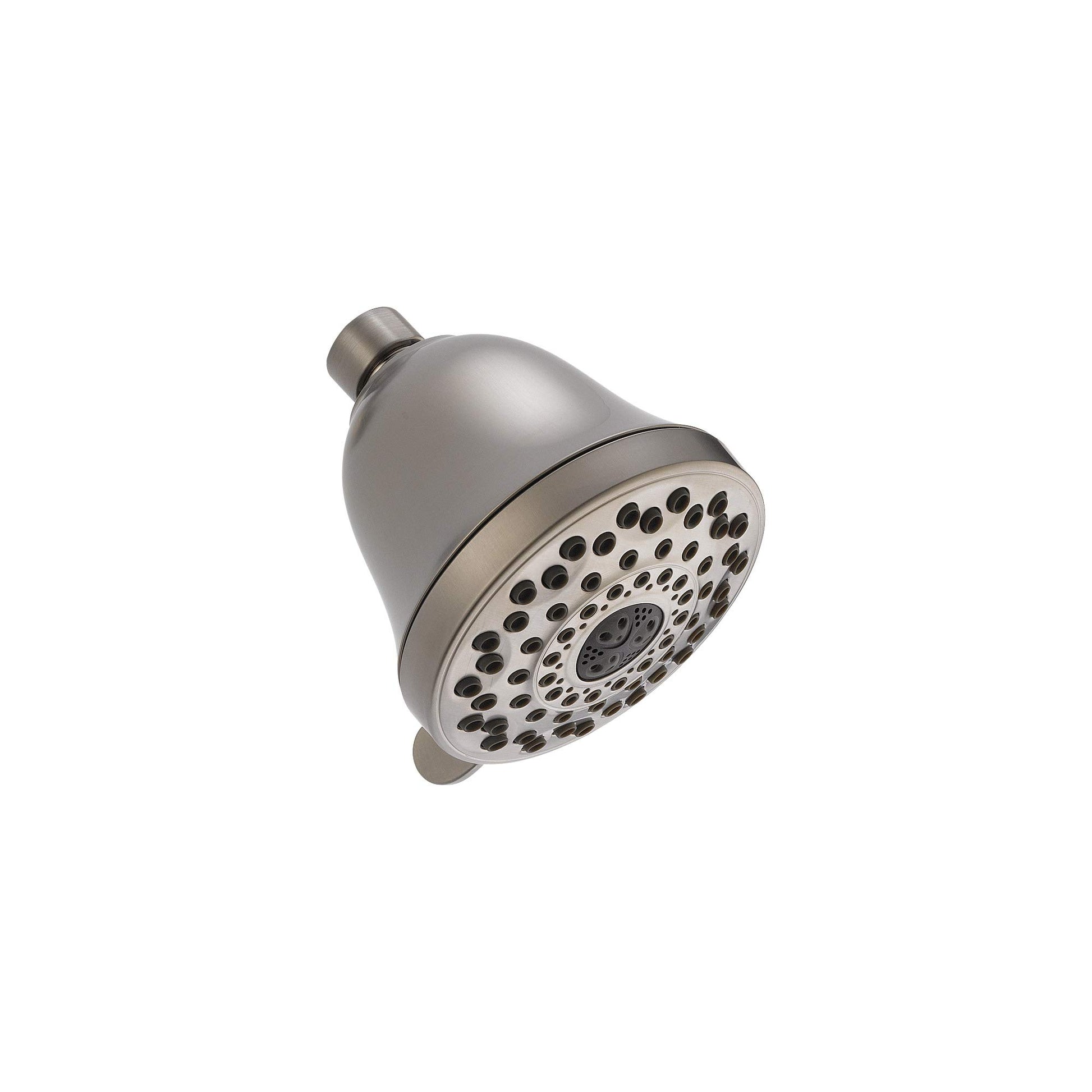 Chrome and brushed nickel shower head with multiple spray holes and adjustable control dial.