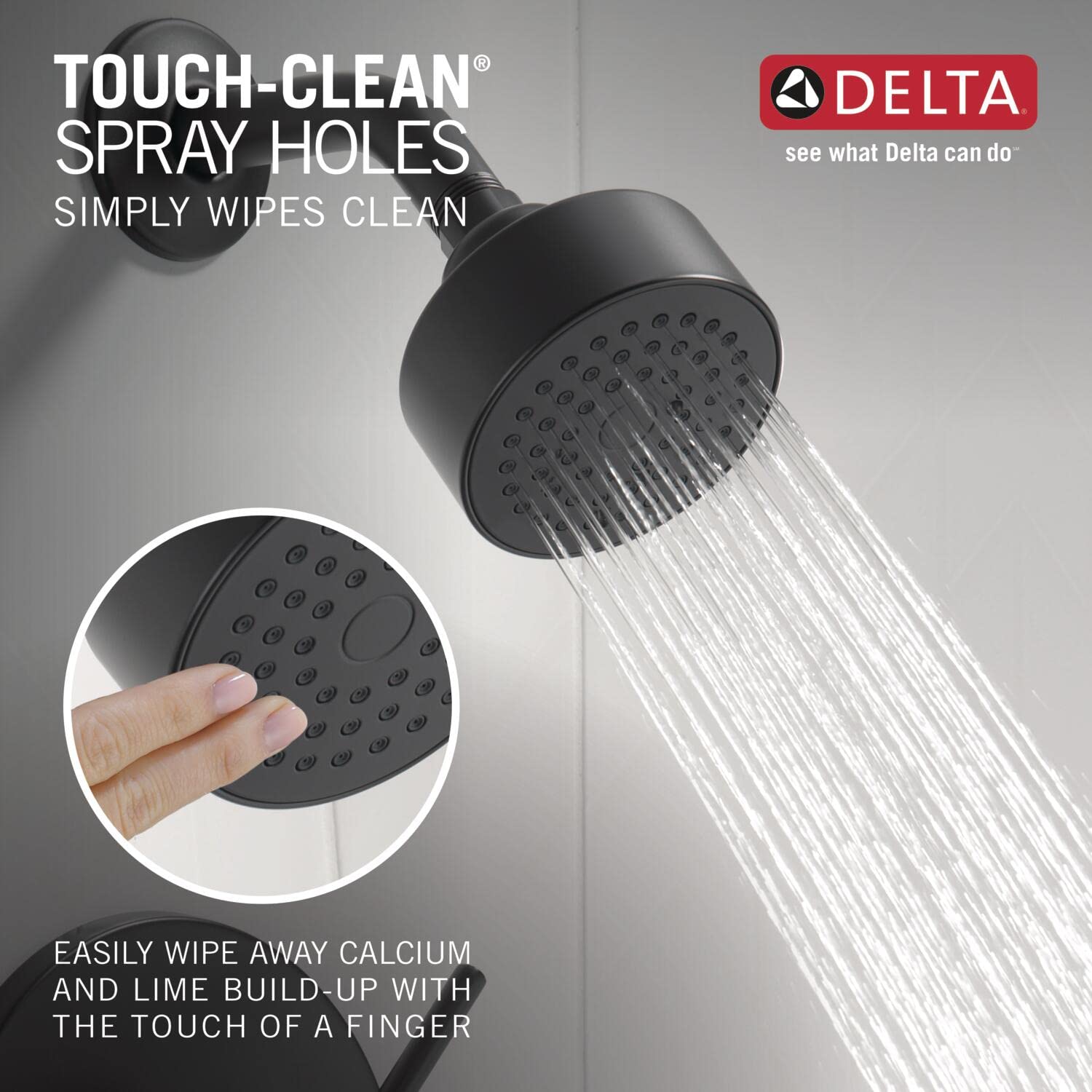 Matte black round shower head with multiple spray holes and a close-up showing finger touching the surface.