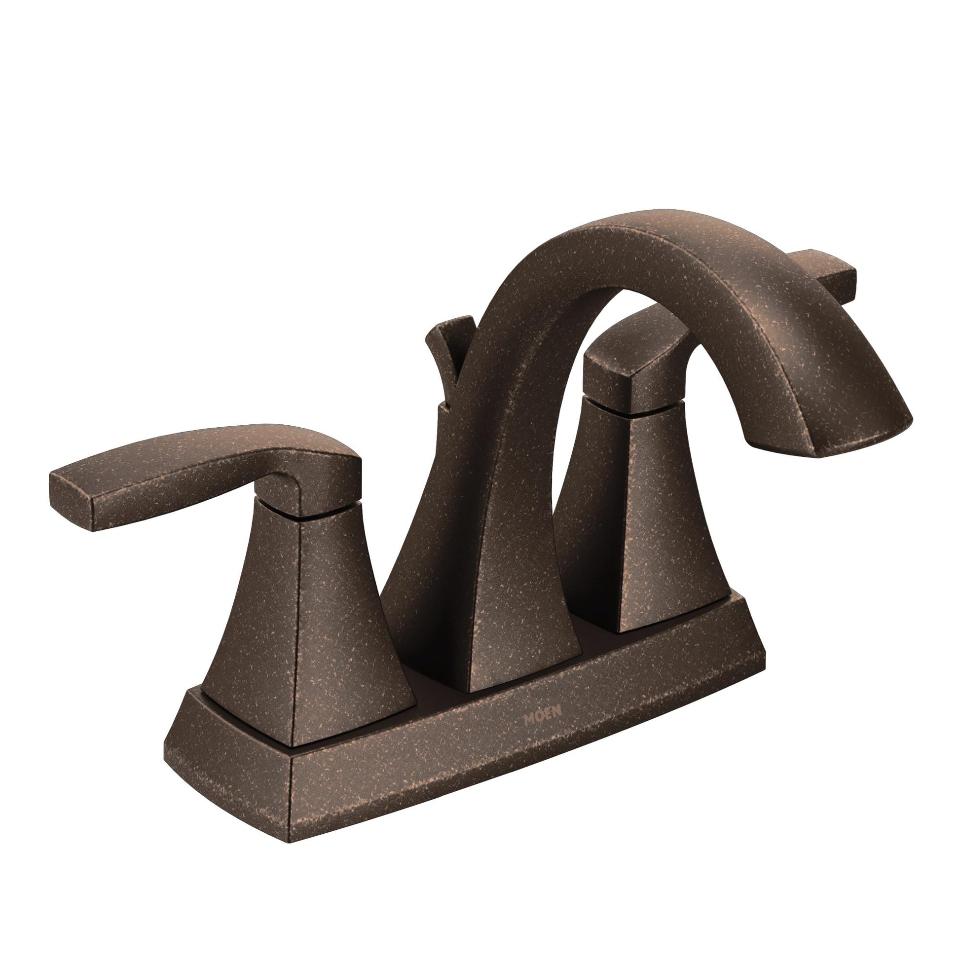 Oil rubbed bronze two-handle bathroom faucet with high arc spout and lever handles on rectangular base.