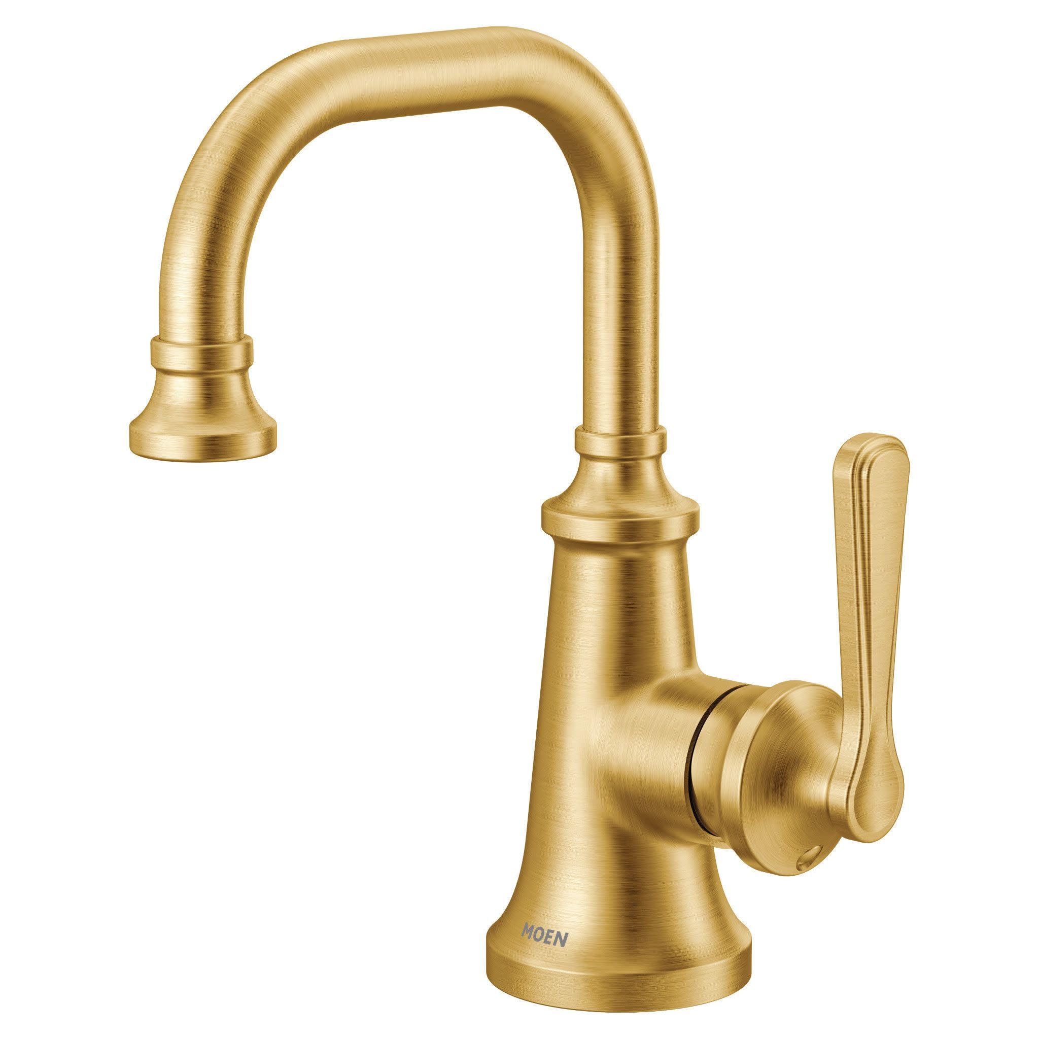Brushed gold single-handle bathroom sink faucet with curved spout and lever handle.