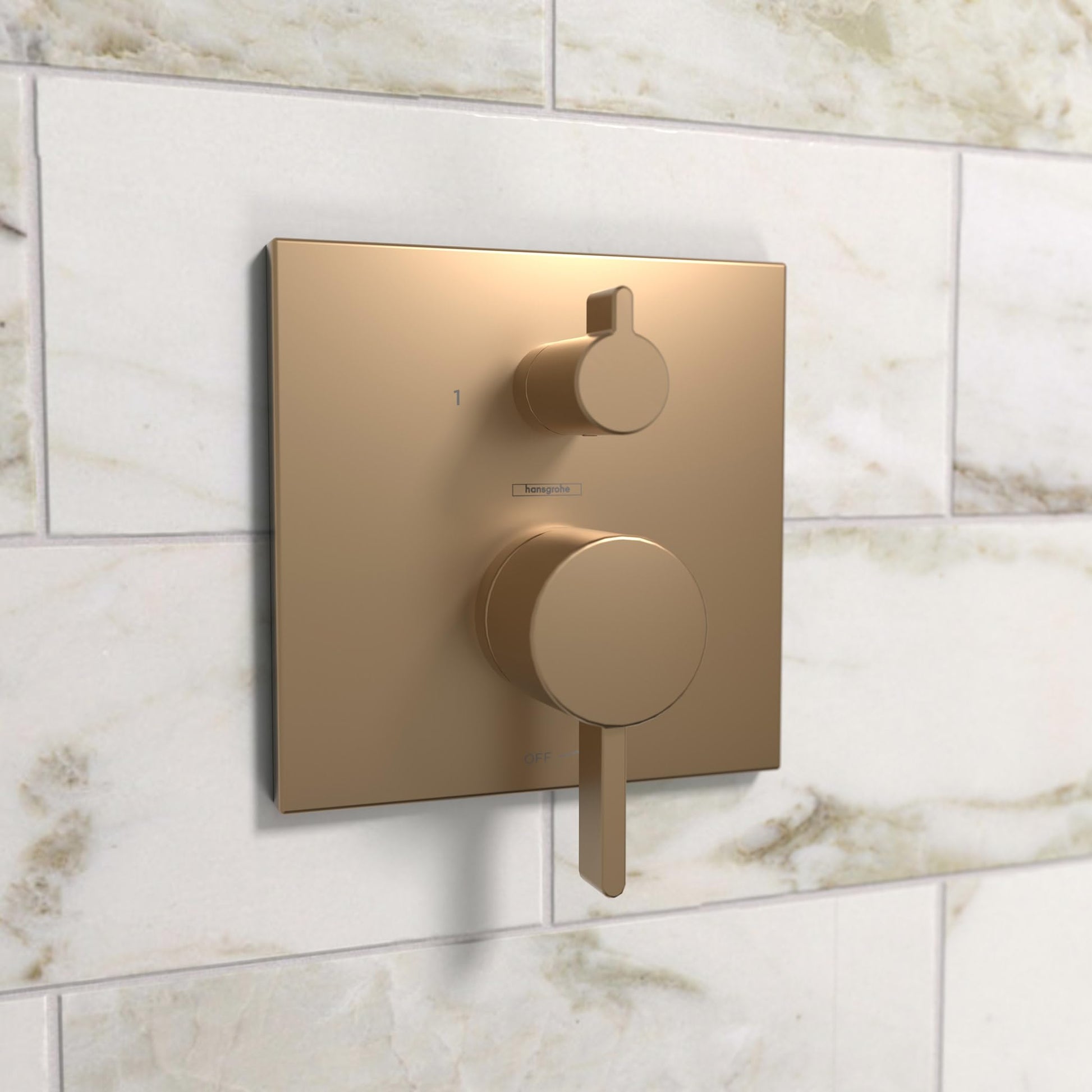 Square brushed bronze shower trim with round pressure balance valve and diverter lever mounted on tile wall.