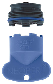 Grohe flow control cartridge with blue rubber band and threaded dark gray top component.