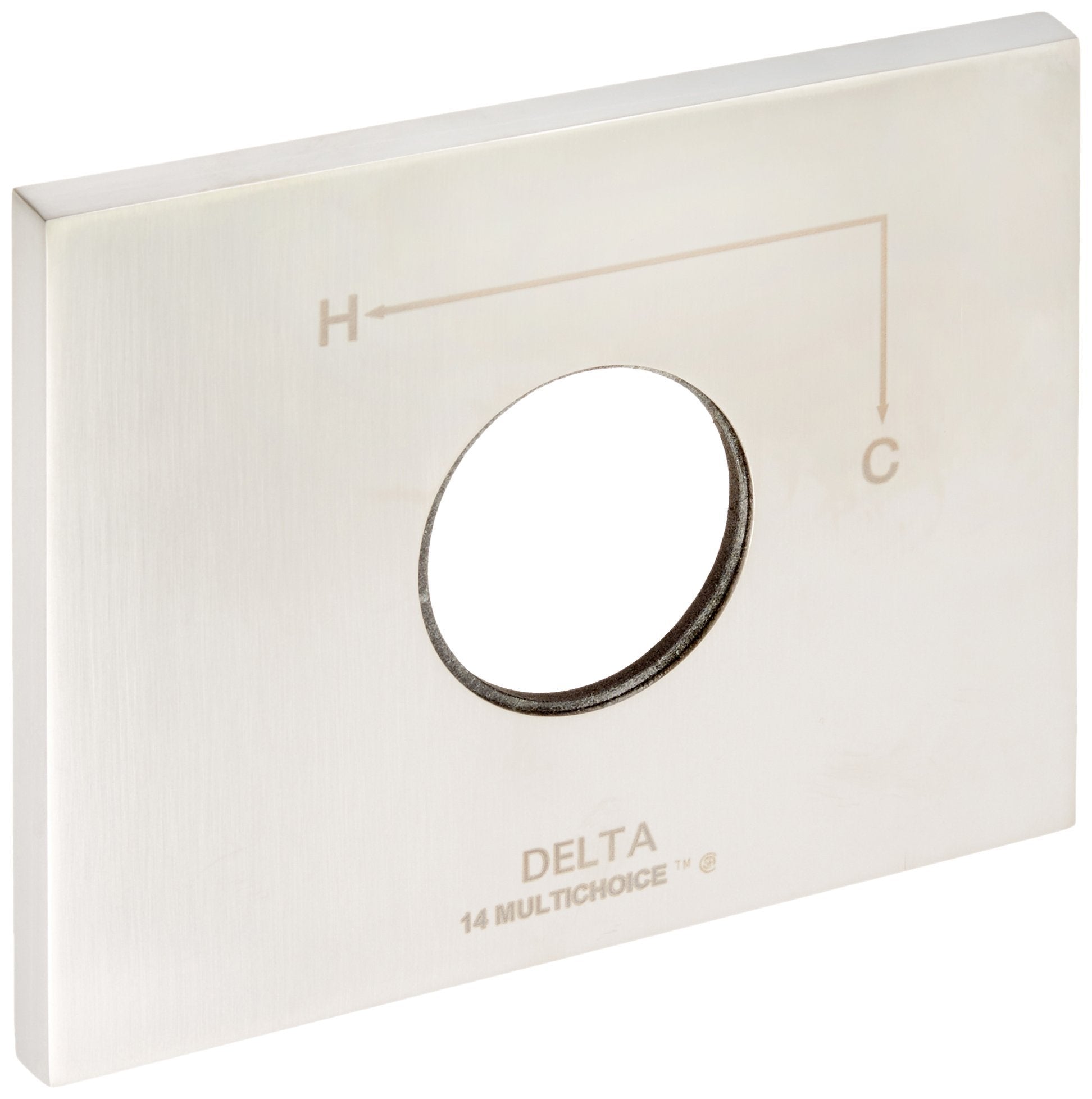 Stainless steel escutcheon plate with circular opening and Delta 14 Multichoice branding.