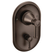 Oil rubbed bronze shower valve trim with oval escutcheon plate, rotary diverter knob, and single lever handle.