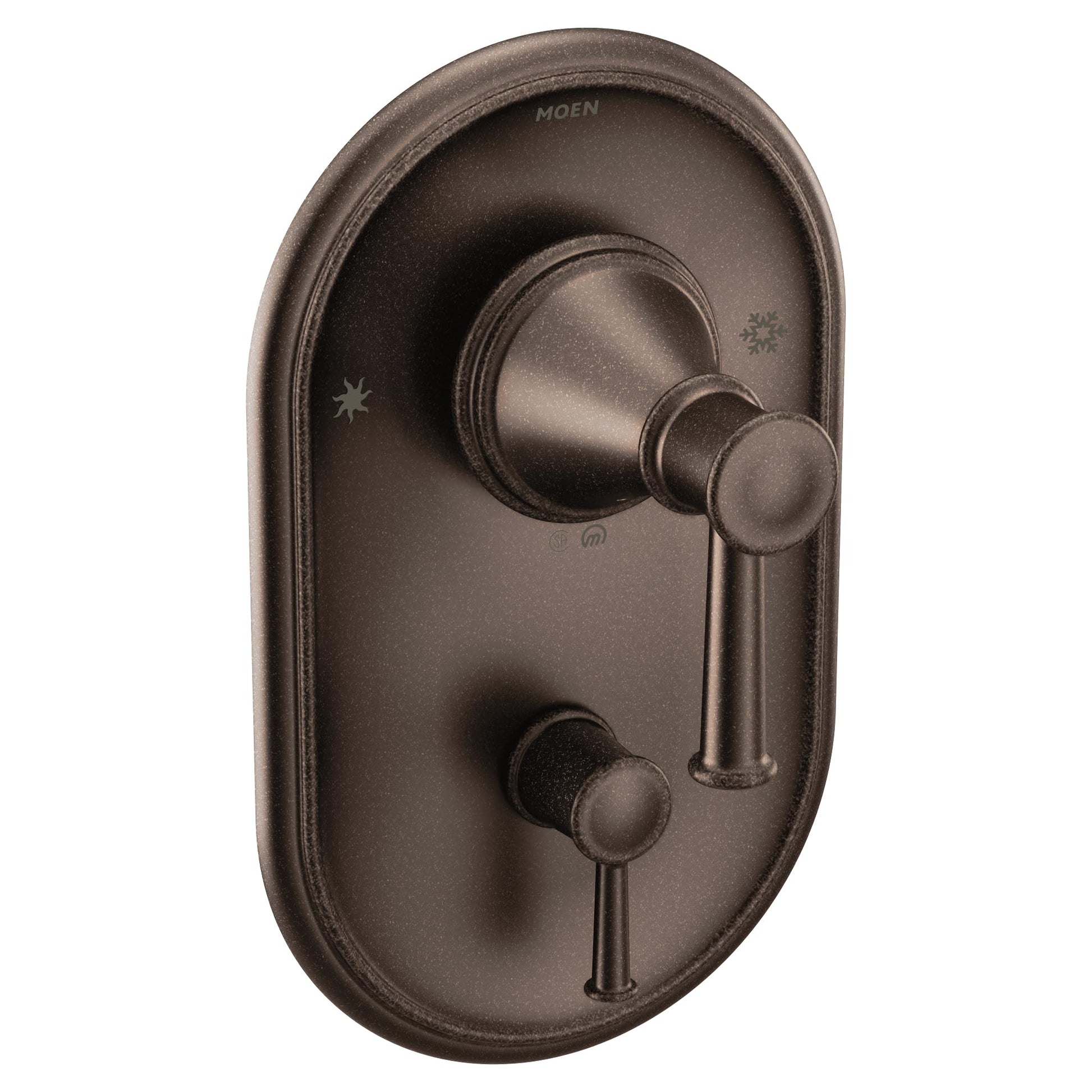 Oil rubbed bronze shower valve trim with oval escutcheon plate, rotary diverter knob, and single lever handle.