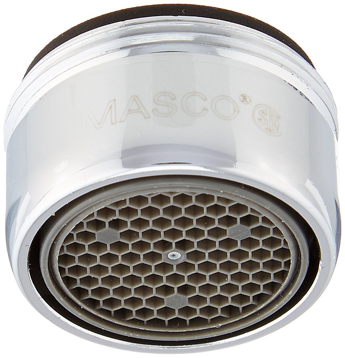 White plastic aerator with honeycomb mesh screen and black rubber ring, marked "MASCO" on body.