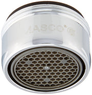 White plastic aerator with honeycomb mesh screen and black rubber ring, marked "MASCO" on body.