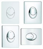 Grohe Skate matte chrome wall plate with oval-shaped button in vertical and horizontal orientations.