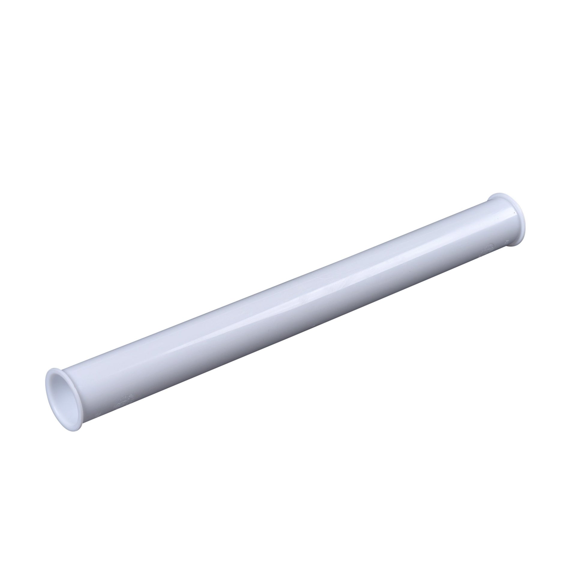 White cylindrical strainer tailpiece with flanged ends for tubular drain systems.