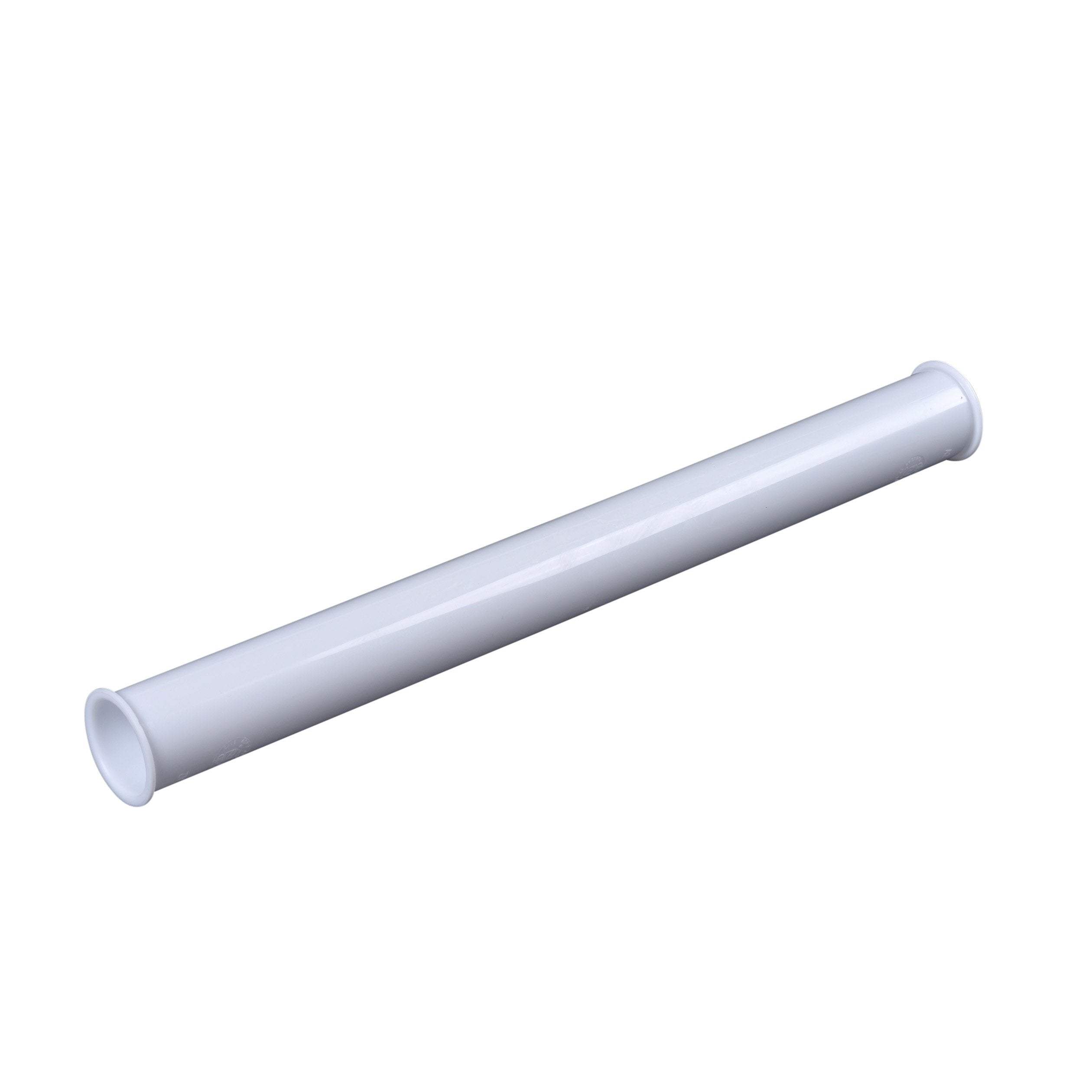 White cylindrical strainer tailpiece with flanged ends for tubular drain systems.
