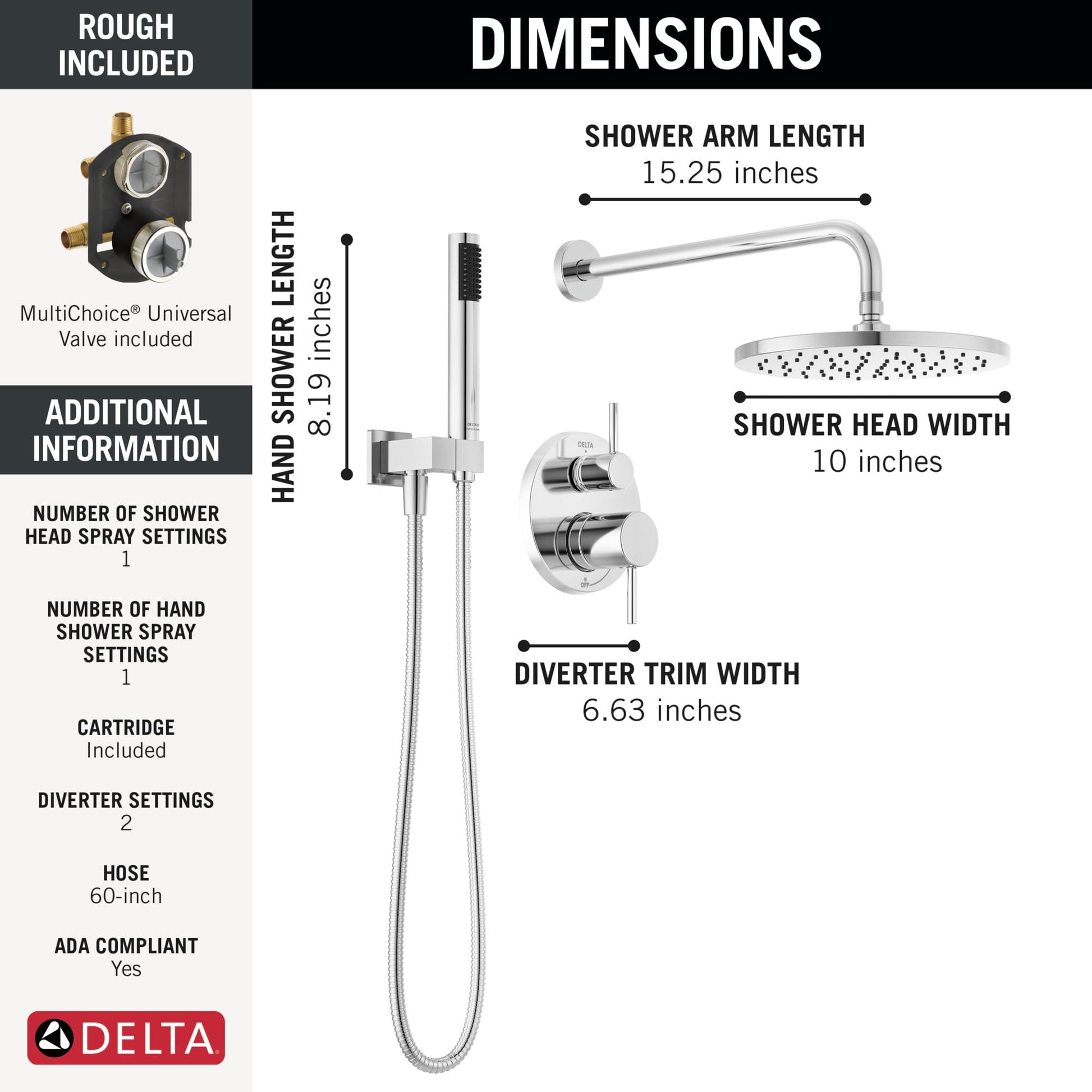 Chrome shower system with 10-inch raincan head, hand shower, 15.25-inch arm, and rough valve included.