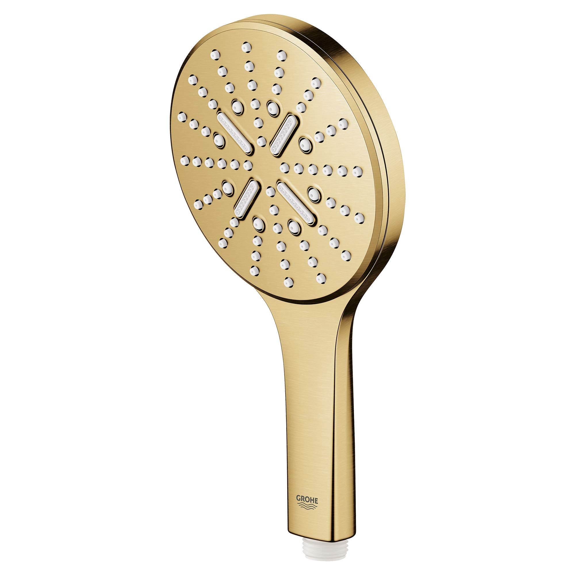 Grohe Rainshower hand shower with round brushed gold face, multiple spray holes, and rectangular spray mode selectors.