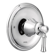 Chrome shower valve trim with round escutcheon plate, single lever handle, and pressure balancing cartridge visible inside.